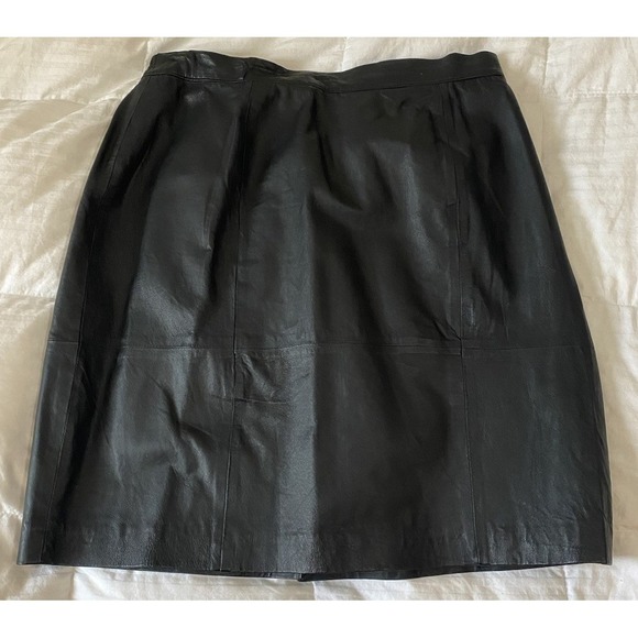 VINTAGE Venezia Leathers Plus 100% Leather Black Midi/Mini Skirt Size 22 Slit - Picture 1 of 15